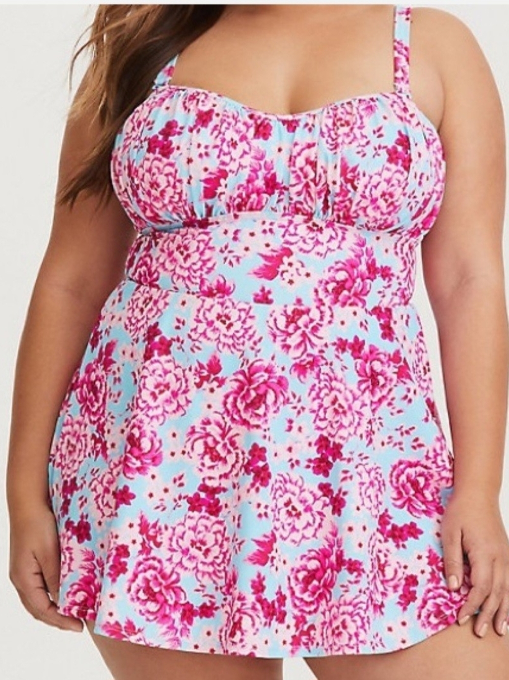Plus Size Floral Swimdress - Pink Floral on Light Blue Torrud Size 3